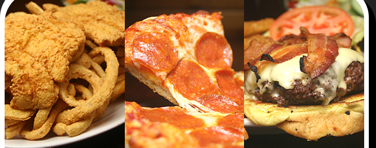 Fried fish, pizza, and burger at Choate Bridge Pub